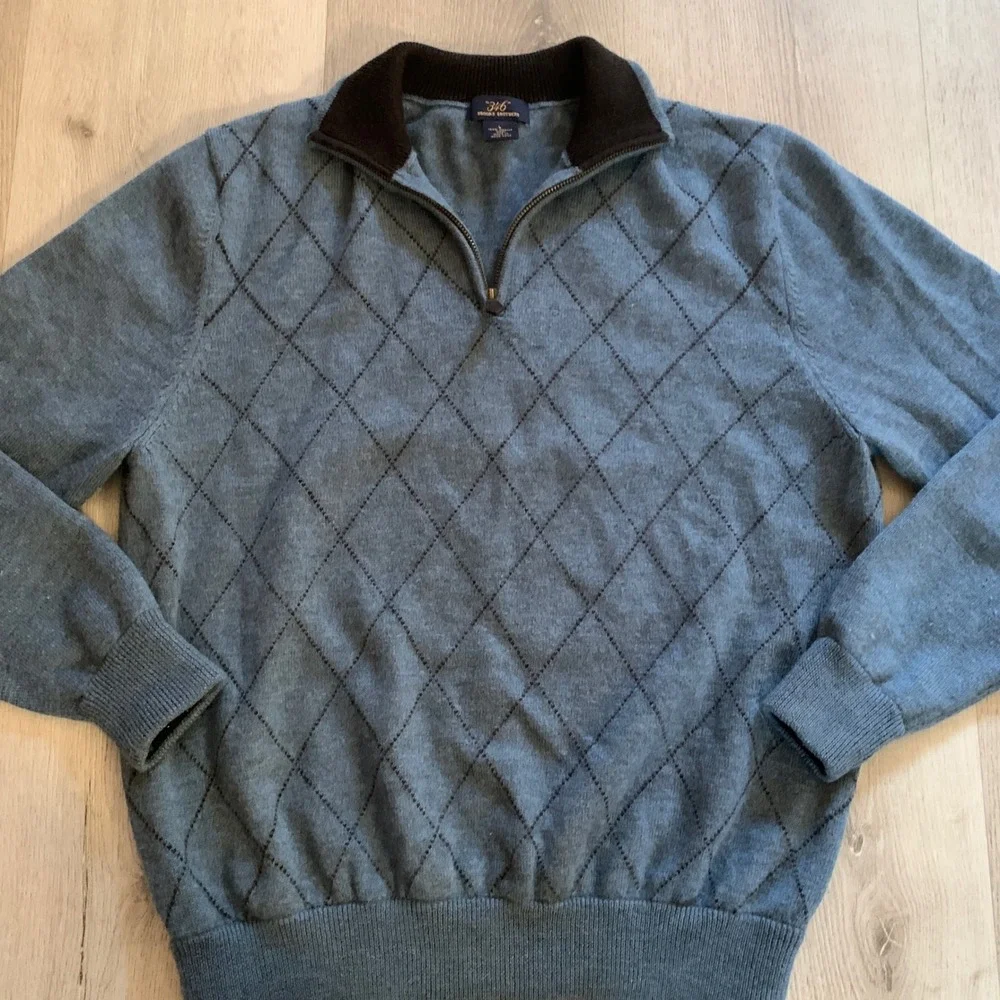Brooks Brothers 346 Mens Large Merino Wool Argyle Quarter Zip Sweater Blue Brown